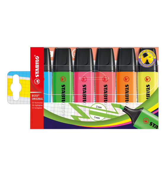 Resaltador, Boss, Punta Biselada 2.0-5.0 mm, Colores Fluo, Estuche x 6 Unds. Colores Surtidos